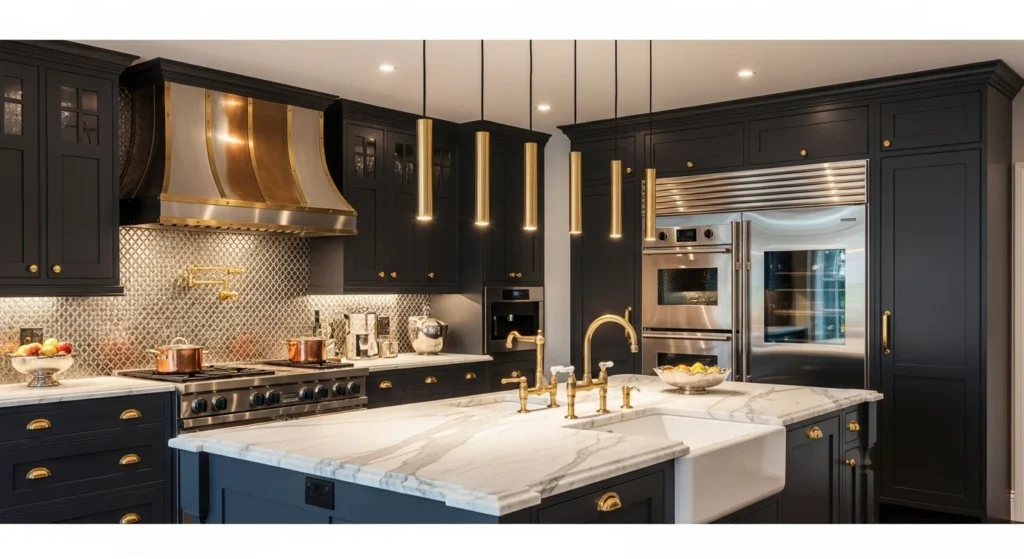 Luxury kitchen featuring brass and metallic accents