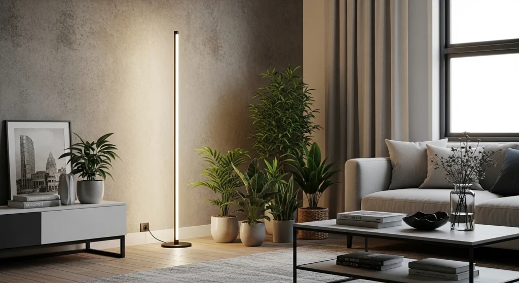 Contemporary living room featuring LED strip floor lamp for ambient lighting