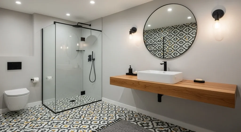 Basement bathroom with bold patterned floor tiles for visual interest