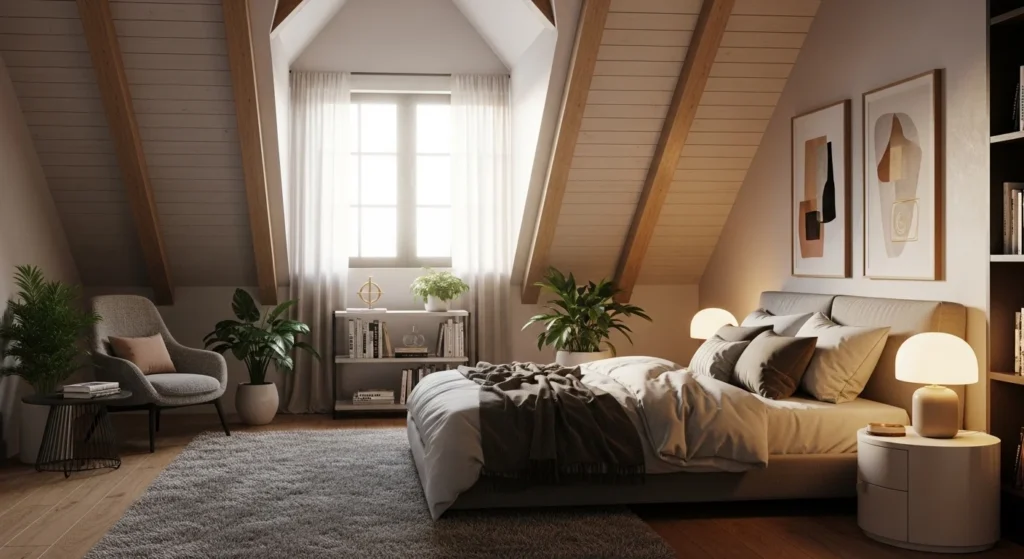 Attic bedroom with soft layered lighting and cozy atmosphere