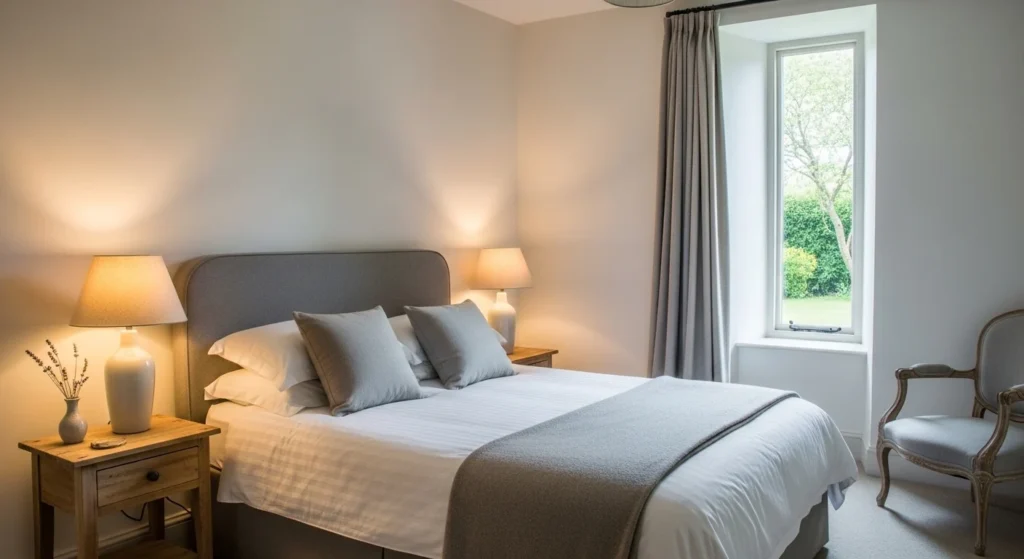 Bedroom with textured bedding, pastel accents, and rustic cottage furniture