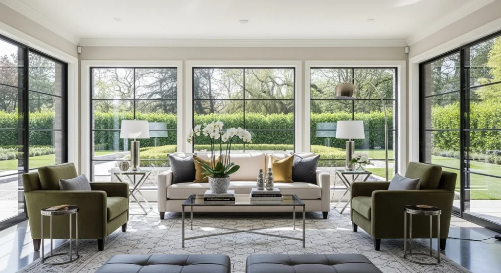 Modern luxury sunroom with elegant furniture and bright interior