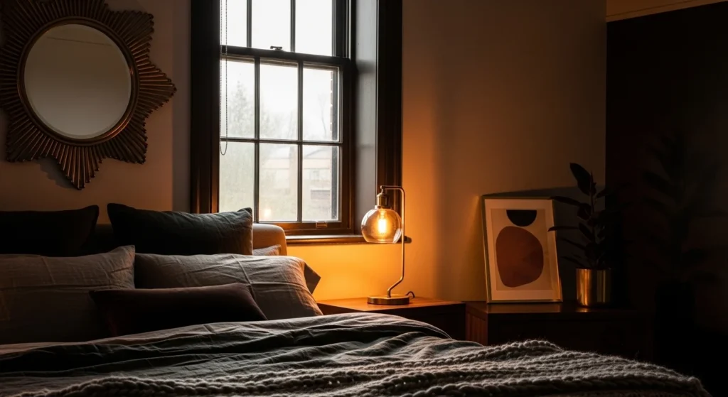 Bedroom with warm brass and metallic accents in dark setting
