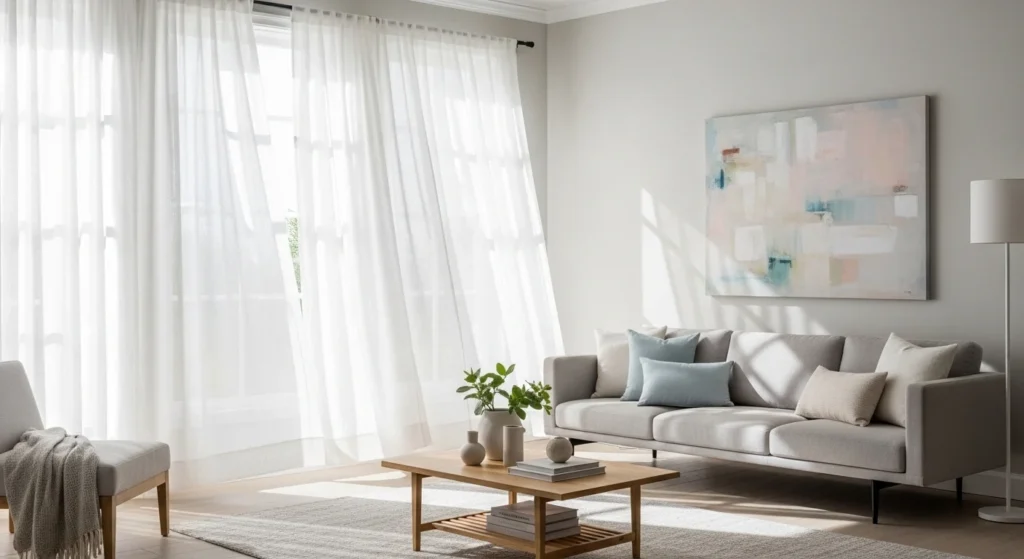 Living room with lightweight cotton curtains and airy feel