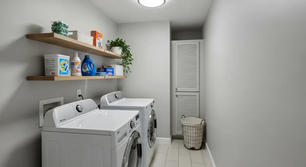 Narrow laundry room with slim wall shelves for space-saving storage