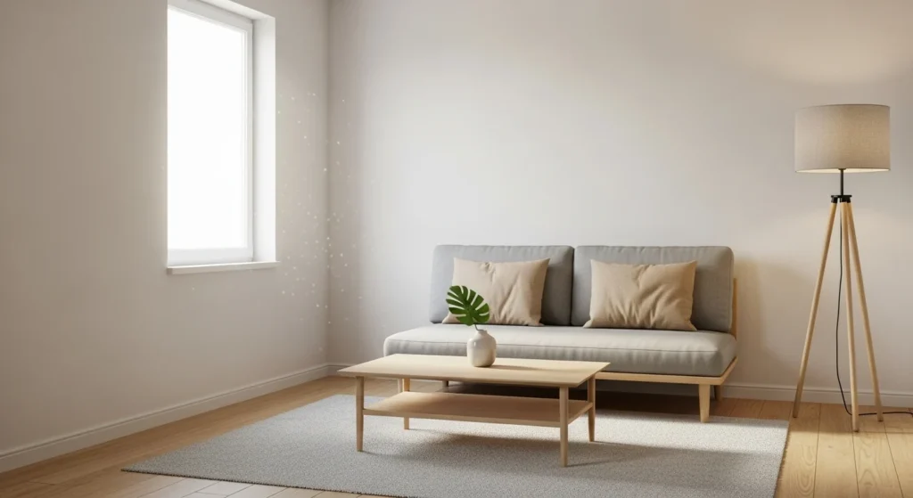 Minimal compact living room with clean lines, neutral colors, and an uncluttered layout