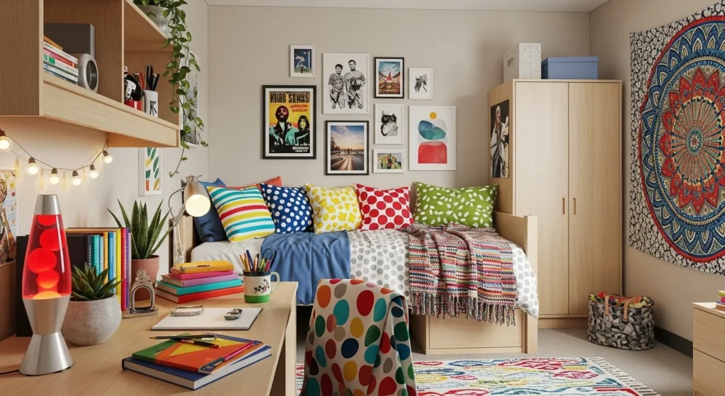 Dorm room with colorful accessories and neutral base