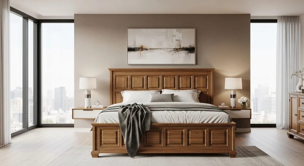 Wooden bed with panelled headboard adding texture and depth