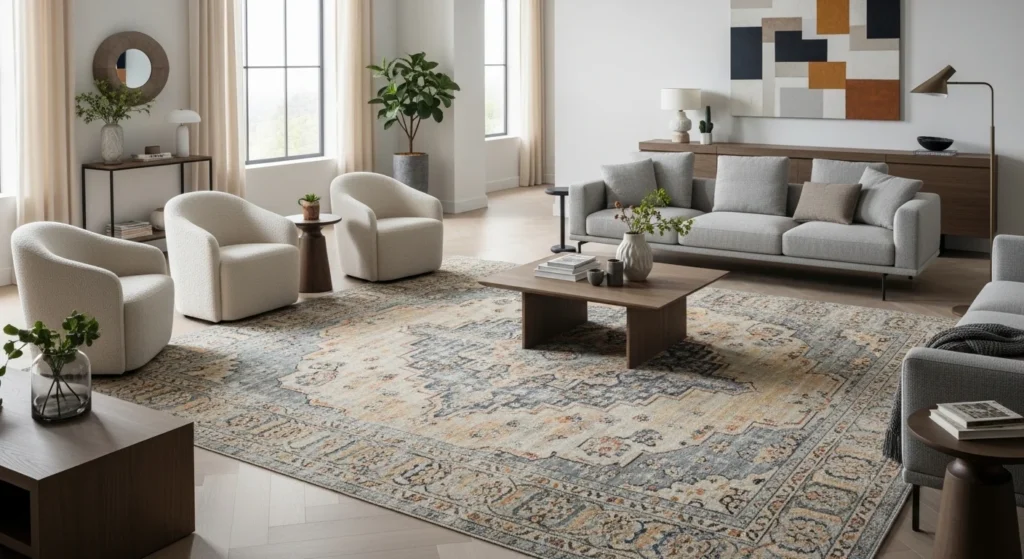 Black-and-white monochrome rug creating minimalist elegance in living room