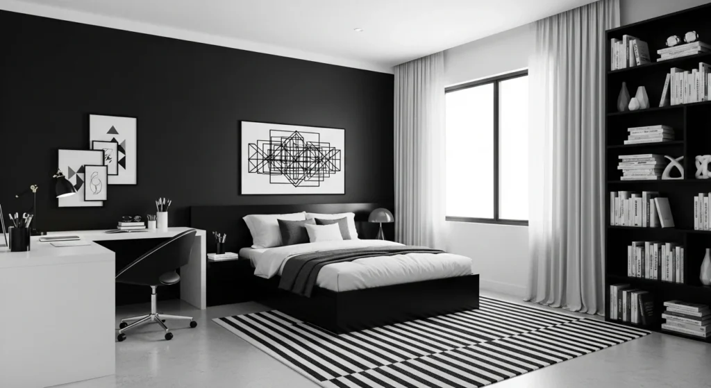 Boys bedroom with black and white furniture, bedding, and modern decor