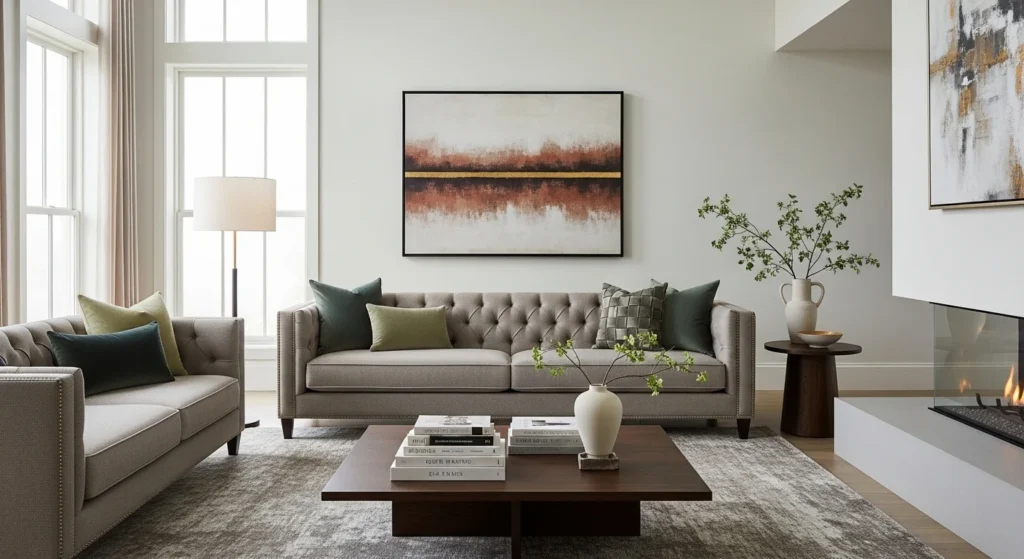 Elegant living room featuring tufted sofa with button details