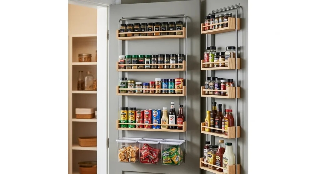 Kitchen pantry door with built-in storage racks
