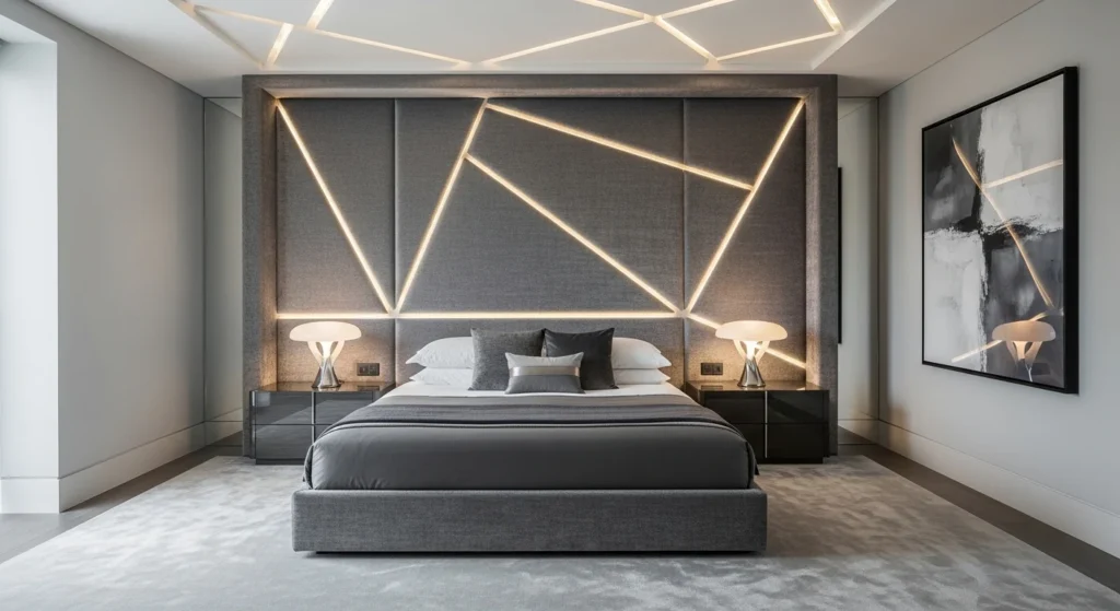 Gray bedroom with bold statement headboard as focal point