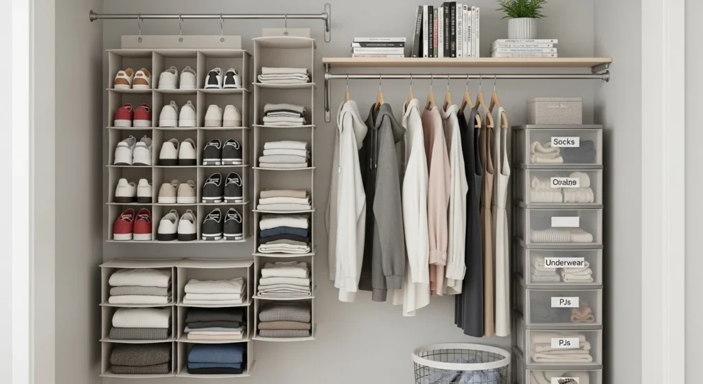 : Dorm room closet with hanging organizers, bins, and neatly arranged clothes