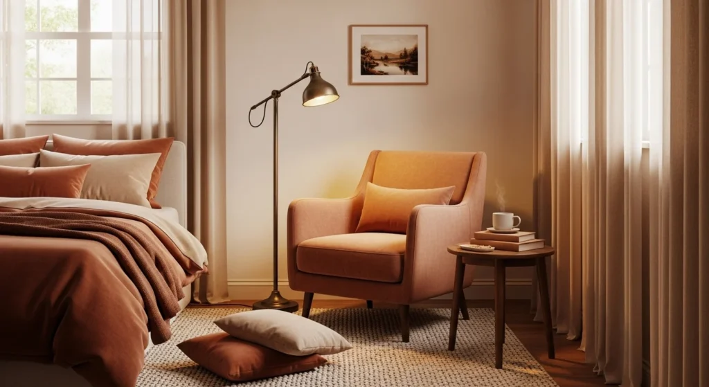 Cozy bedroom featuring a reading nook with an upholstered chair, floor lamp, and warm tones