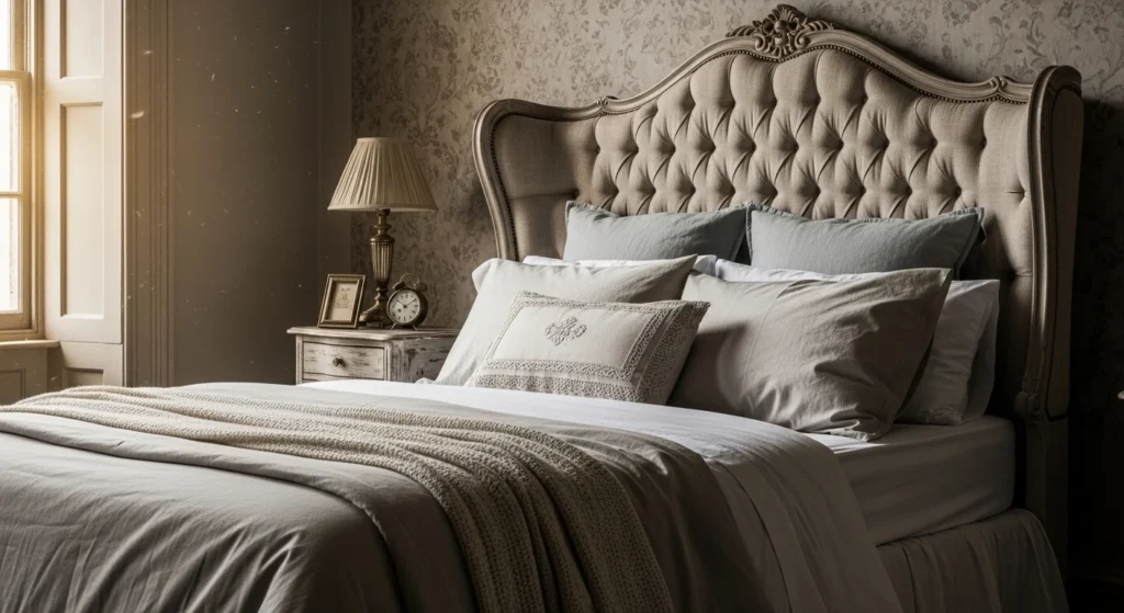 Vintage bedroom with tufted upholstered headboard and layered pillows