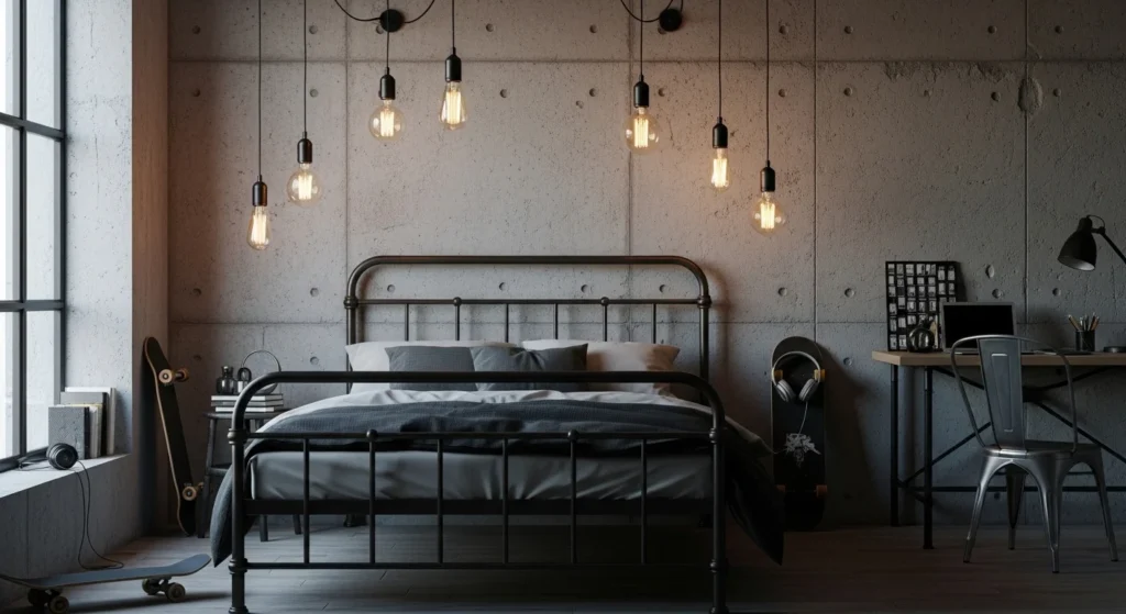 Teen bedroom with concrete texture wall and metal bed frame