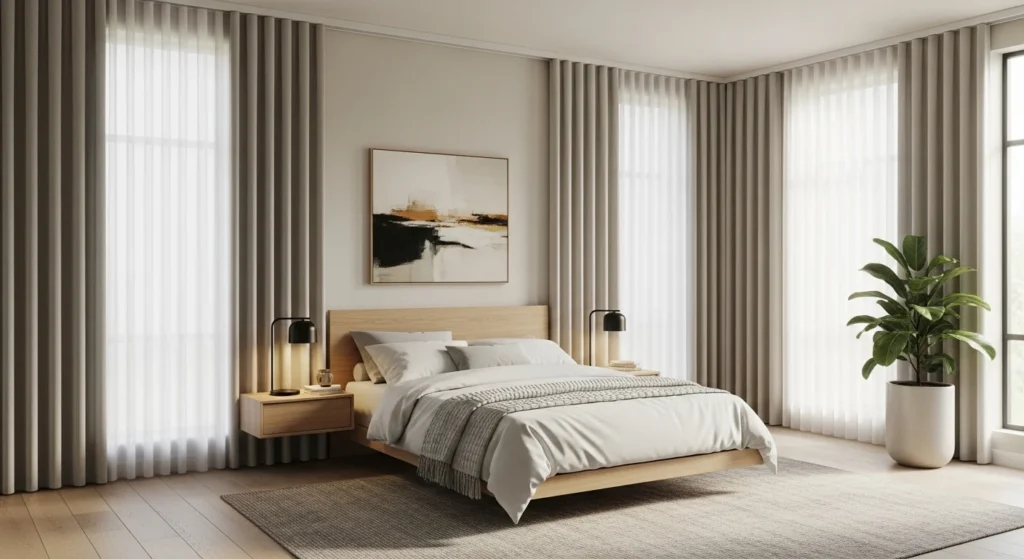 Bedroom with tall neutral curtains creating elegant and airy feel