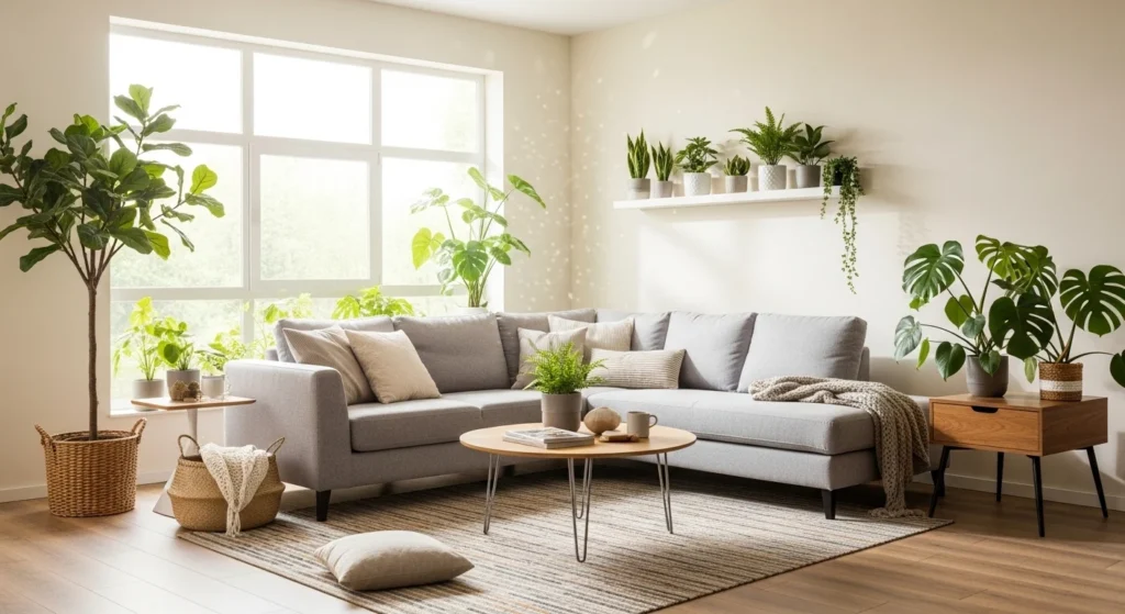 Living room with large indoor plants, bright natural light, and modern decor