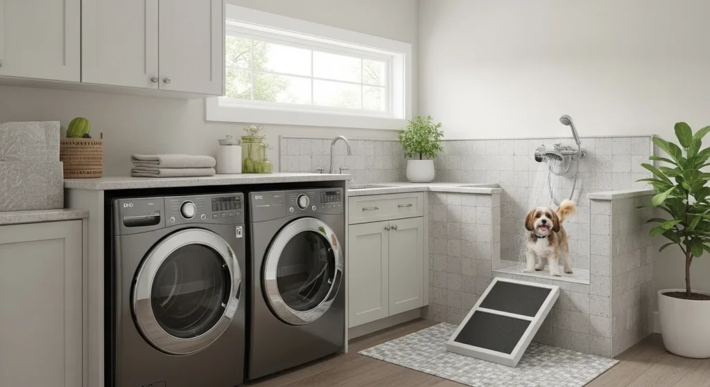 Laundry room featuring tiled pet washing station with handheld shower