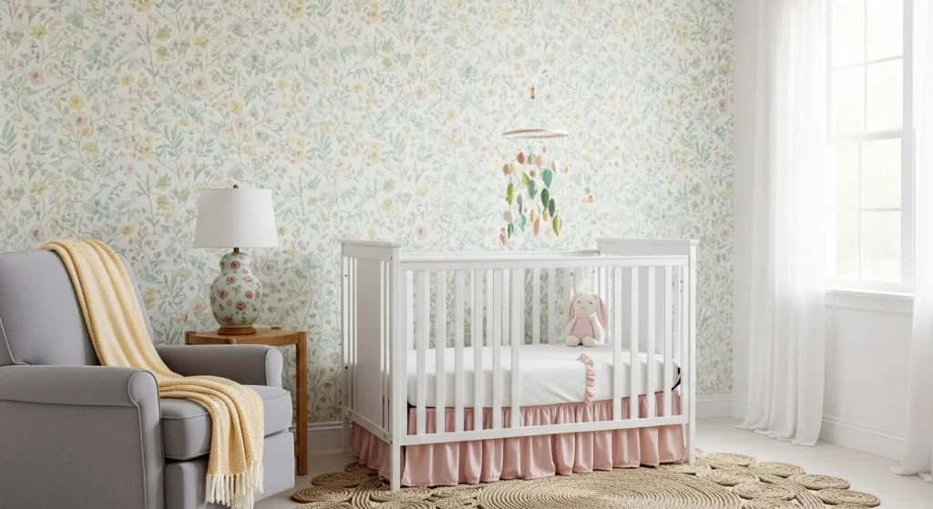 Nursery with botanical floral wallpaper and white crib