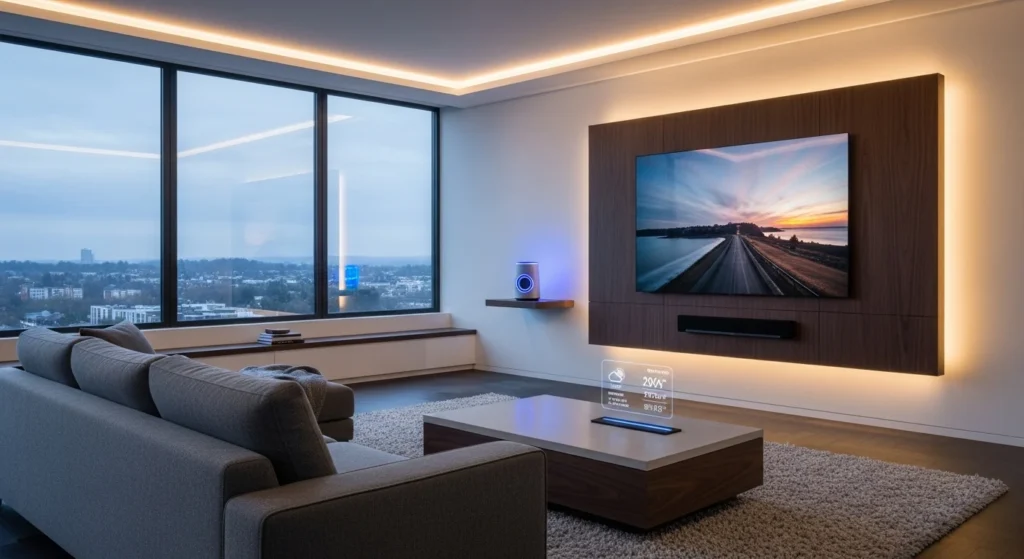Modern parlor with integrated smart home devices, LED lighting, and sleek entertainment setup
