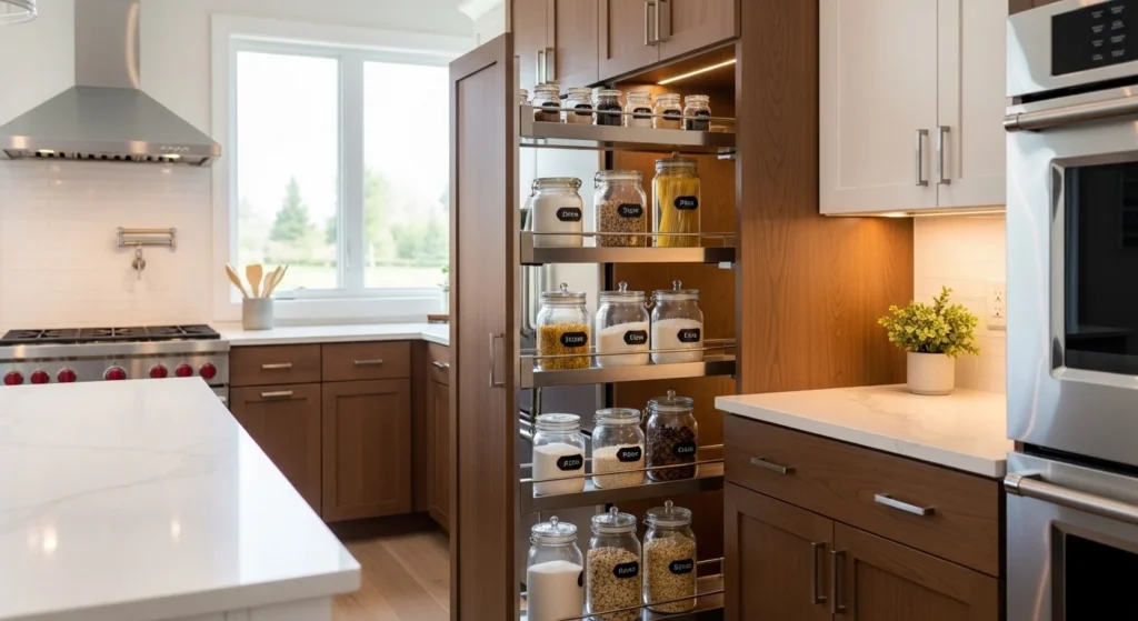 Pantry with sliding shelves for spices, bottles, and cans, neatly organized