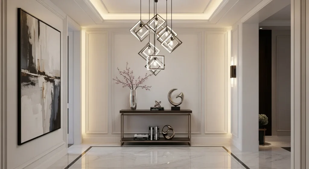 Elegant entryway featuring chandelier lighting and modern decor