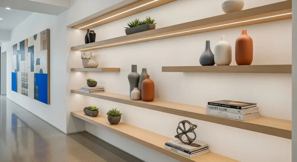 Modern hallway with floating shelves styled with decor and plants