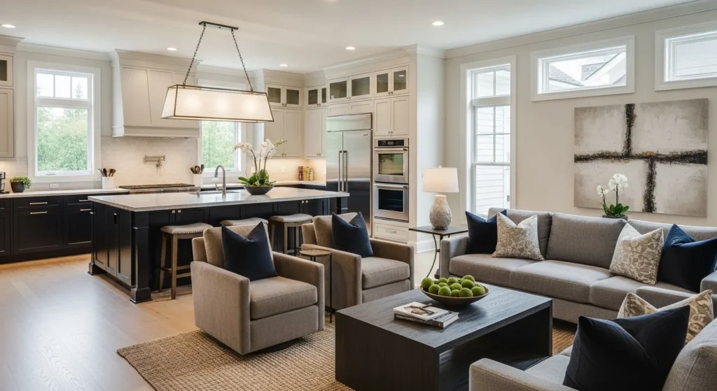 Open kitchen living room with dark accent cabinets and furniture balanced with neutral tones