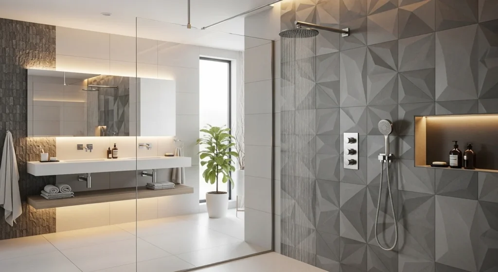 Modern shower with textured 3D wall tiles and minimalistic fixtures