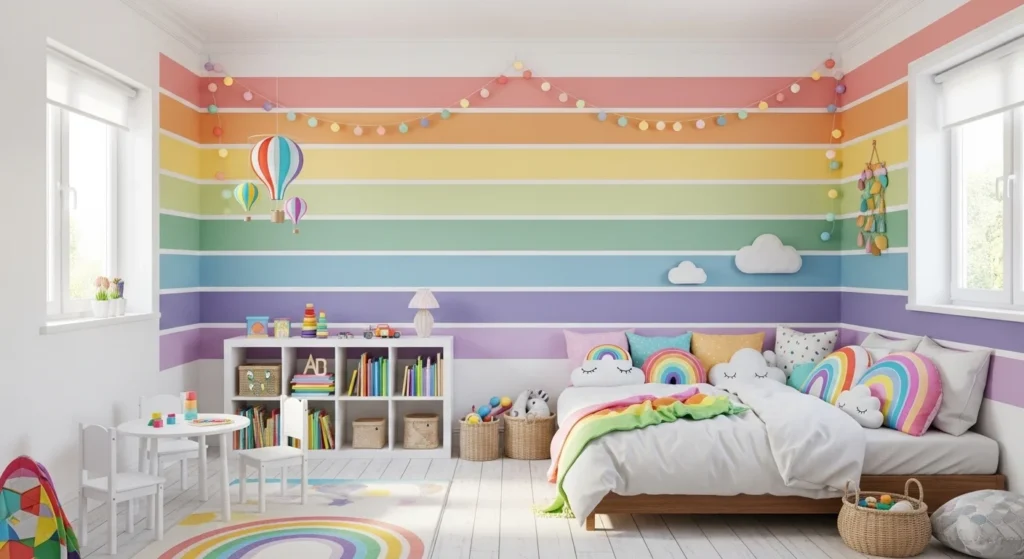 colorful rainbow themed children bedroom with cheerful design