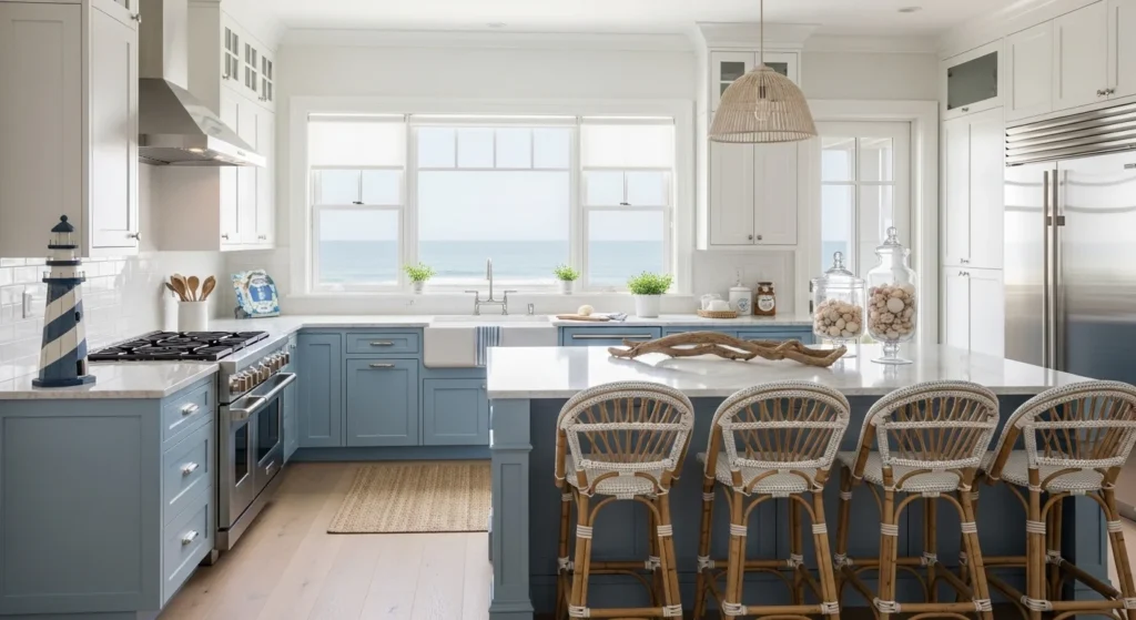 Beach style open kitchen with light blue tones and airy coastal decor