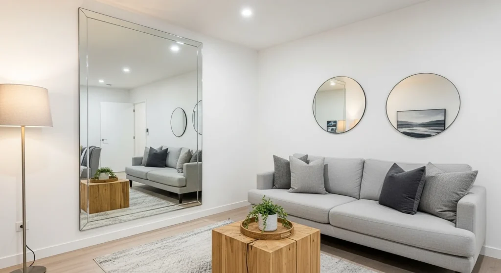 Apartment interior using mirrors to visually expand and brighten space