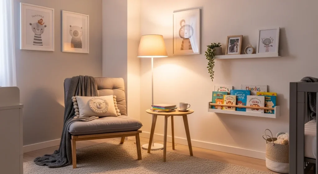 Nursery with cozy reading nook, cushioned chair, baby books, soft warm lighting, 2026 interior
