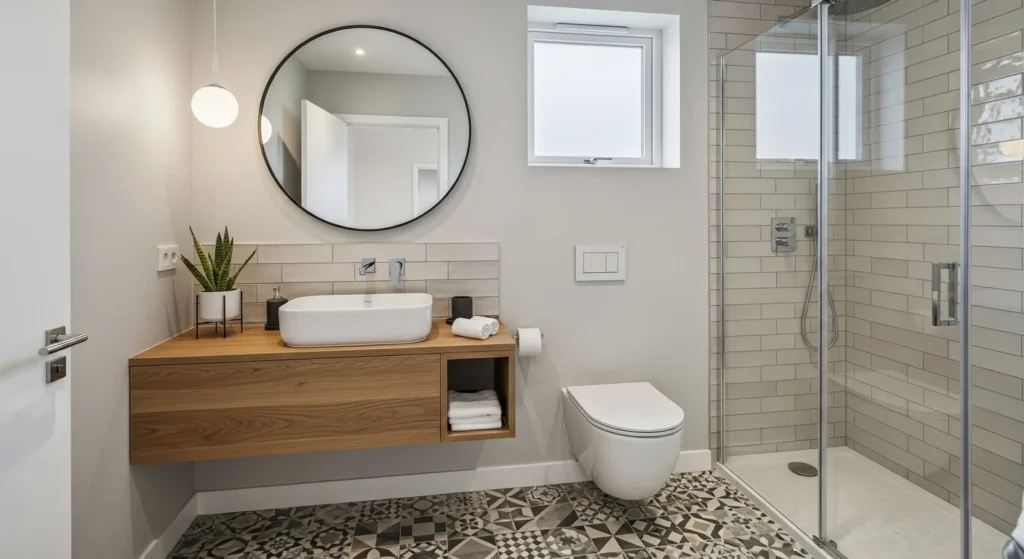 Small bathroom with patterned hexagonal tiles, modern stylish 2026 interior