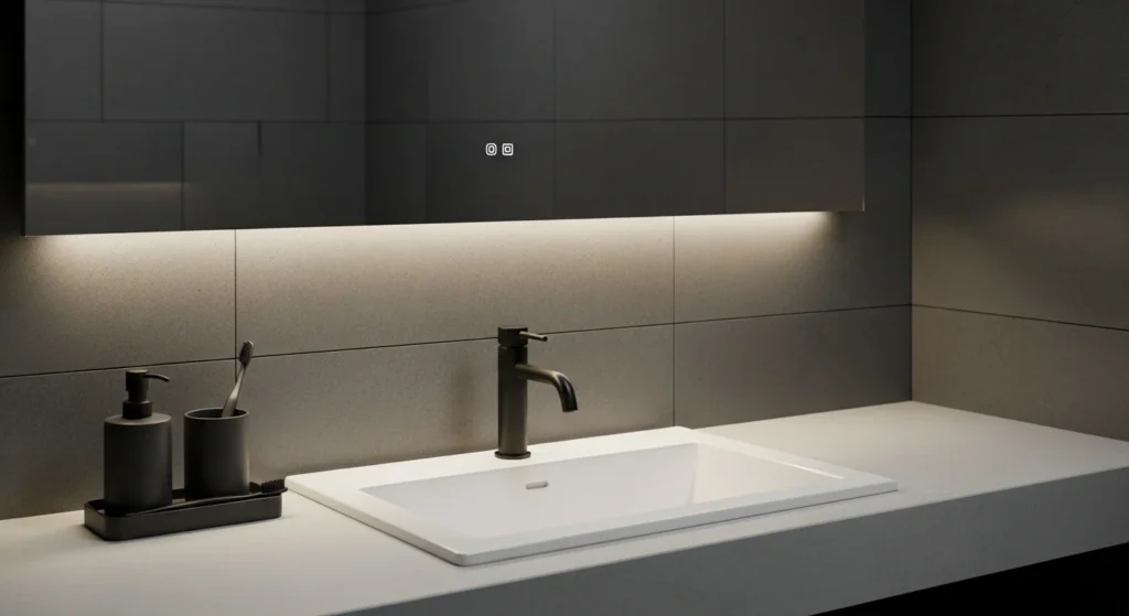 itle: Matte Black Faucet Sink Design
Alt Text: Bathroom sink featuring matte black fixtures for bold modern contrast