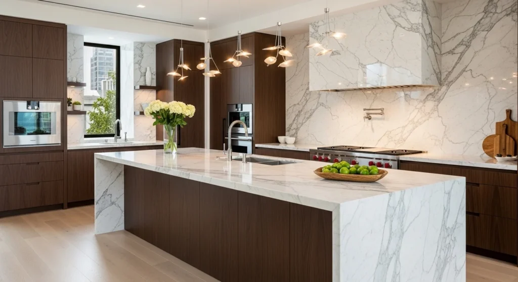 : Luxury kitchen with marble backsplash and waterfall island in elegant 2026 design