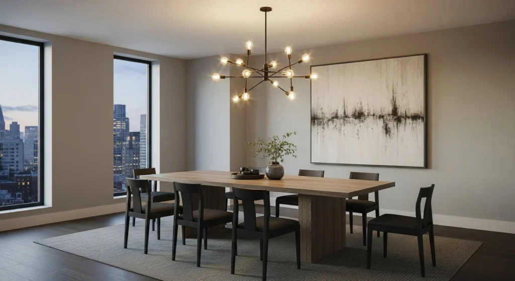 Modern dining room with dark accent chairs, neutral walls, and stylish lighting