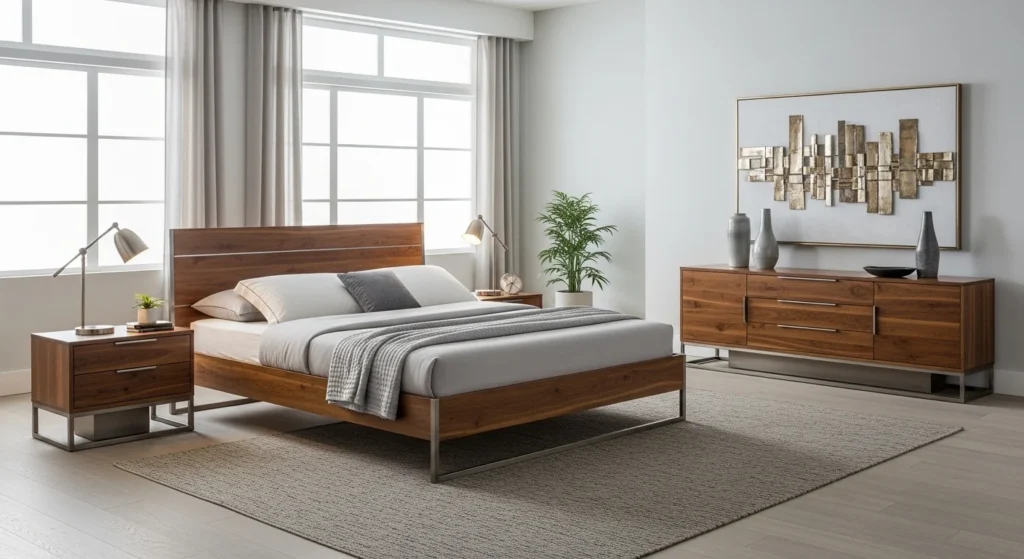 Bedroom furniture combining wood and metal materials for modern contrast and style