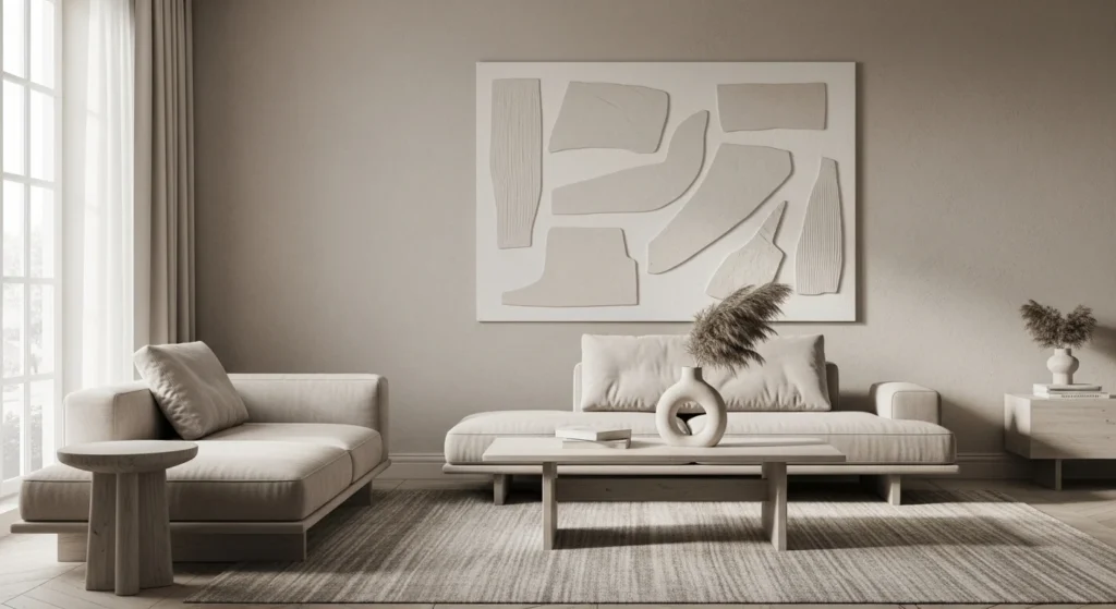 Beige monochrome living room with layered textures and modern furniture, perfect for 2026 minimalist interiors