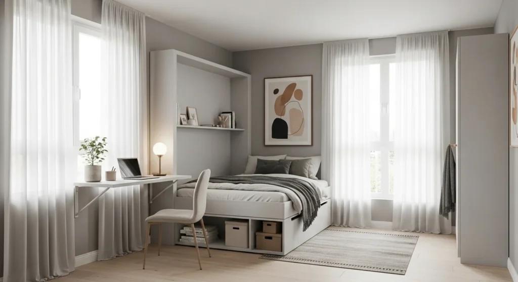 Small light grey bedroom with space-saving furniture and bright open interior for 2026