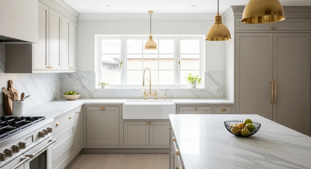 Elegant kitchen featuring polished marble countertops, neutral cabinetry, and natural lighting for a luxurious 2026 interior