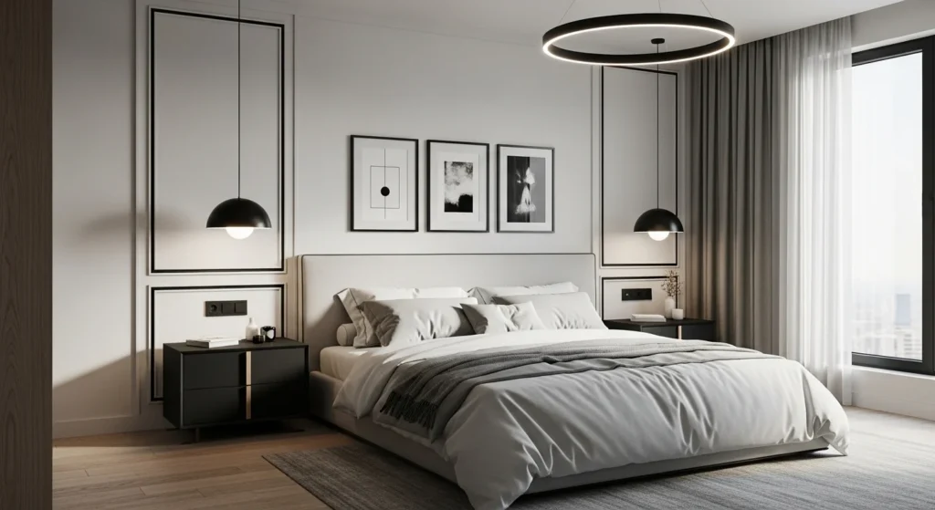 Contemporary master bedroom with subtle black accents in lighting and decor for contrast