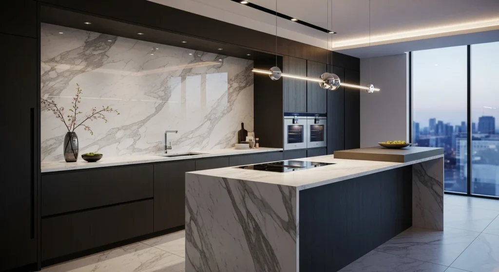 Luxury modern kitchen featuring large marble backsplash and seamless surface