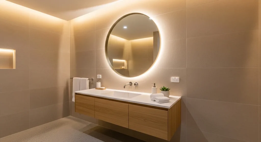 modern bathroom featuring large round statement mirror and elegant styling