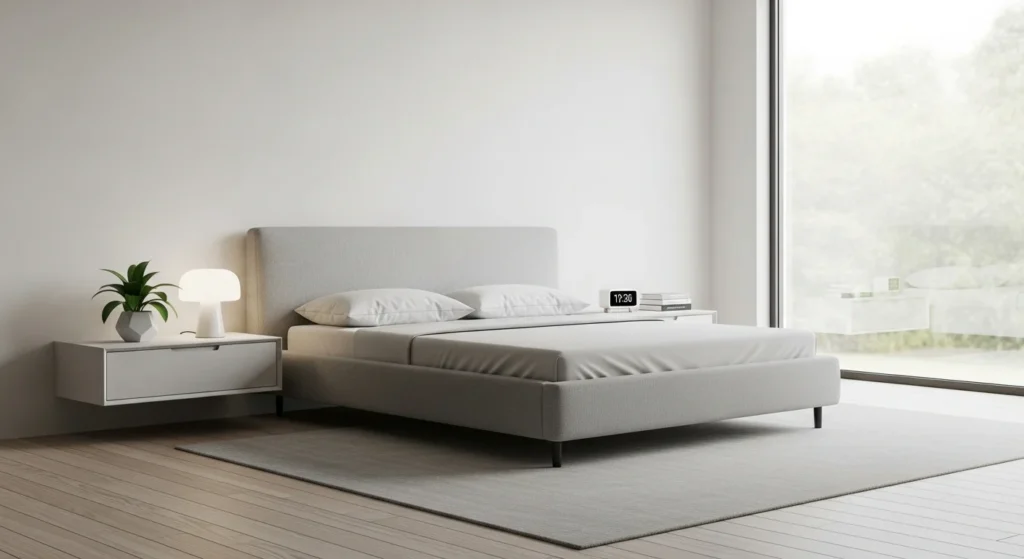 inimalist bedroom with floating nightstands and wall-mounted furniture for a light modern look