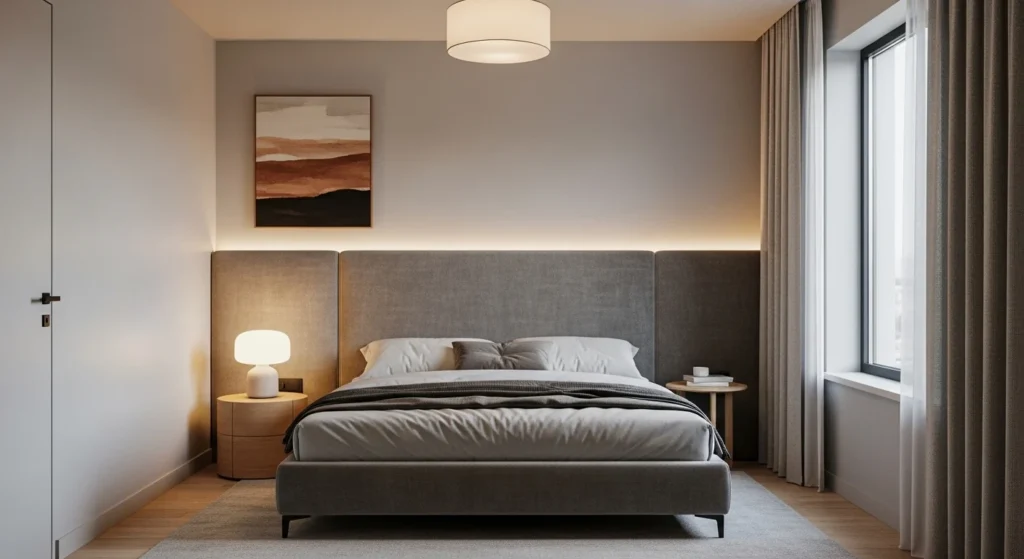 modern small bedroom featuring bold upholstered headboard as focal point