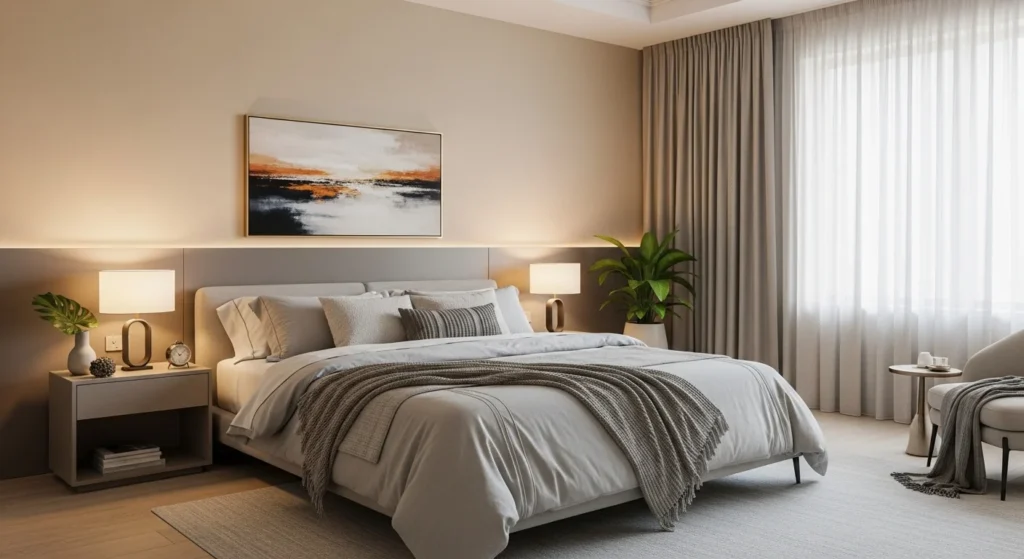 Balanced neutral bedroom combining beige and grey tones for a modern calm design.