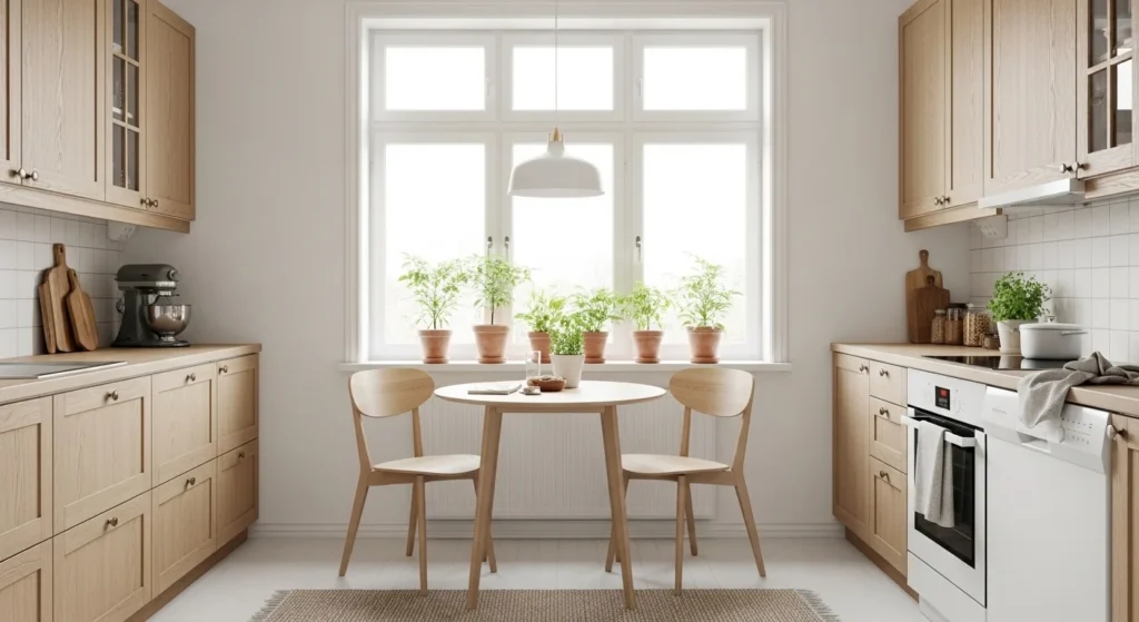 Scandinavian style cozy kitchen with light wood, minimal decor, and natural light